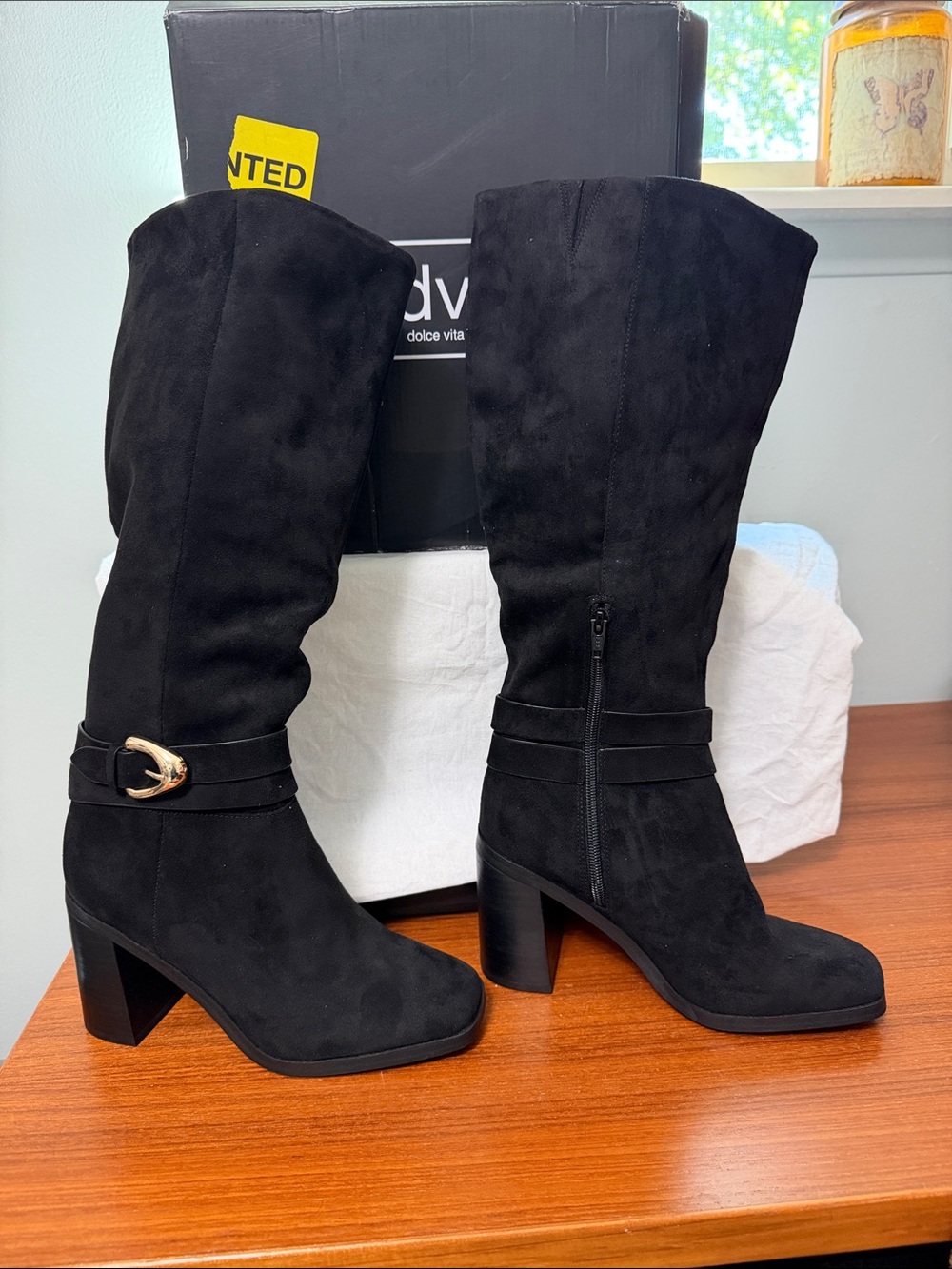 Dolce Vita Black Suede Knee-High Block Heel Boots with Buckle Detail